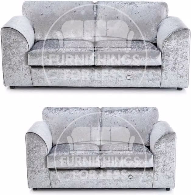 Furnishings For Less UK Crystal Crushed Velvet 3 and 2 Seater Sofa Set in Silver
