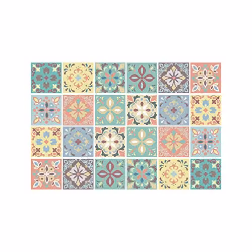 WALPLUS Marbella Multicolour Spanish Tile Stickers, 24 Piece Self Adhesive Geometric Wall Decals, W/D/H: 15 x 15 x 0.54 cm – 1