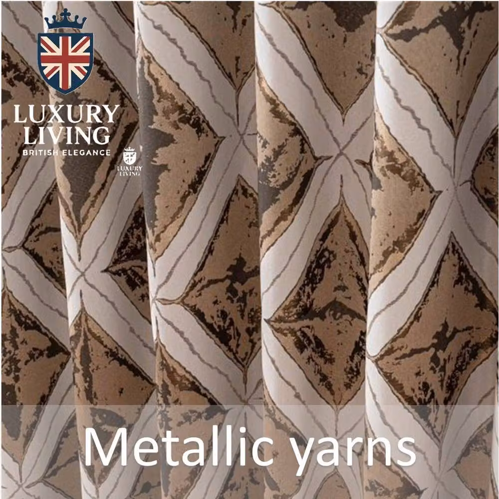 Luxury Living Diamond Jacquard Metallic Fully Lined Ring Top Curtains in Beige, Width: 168 cm, Drop: 229 cm – 3