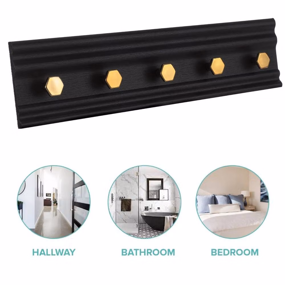 EONLION Modern 5 Hook Wall Mounted Coat Rack in Matt Black and Gold, Width: 50 cm – 2