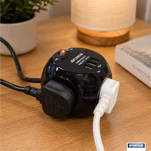 Status 3 Way Cube Socket with 3 USB Ports and 1.4 Metre Lead, Black – 6