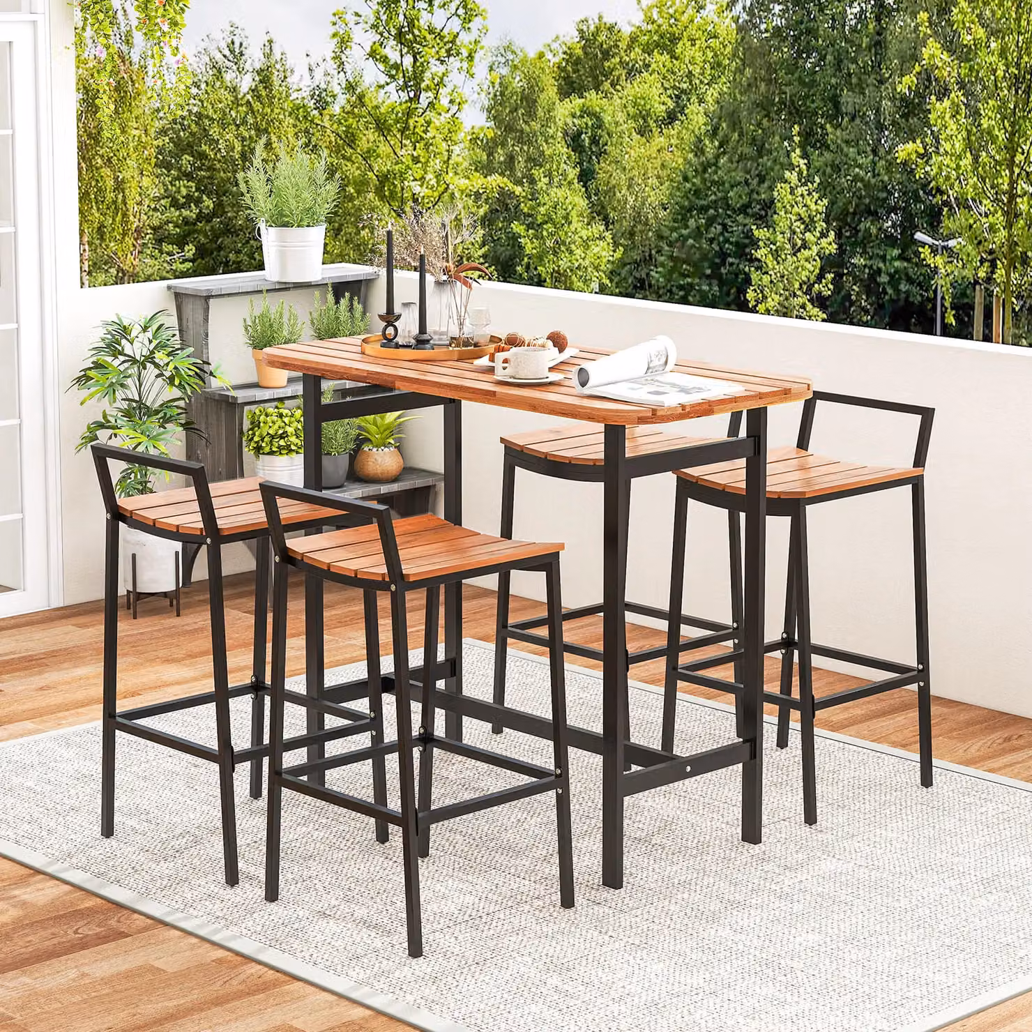 Costway 5-Piece Acacia Wood Outdoor Bar Table and Chairs Set in Natural Brown – 4