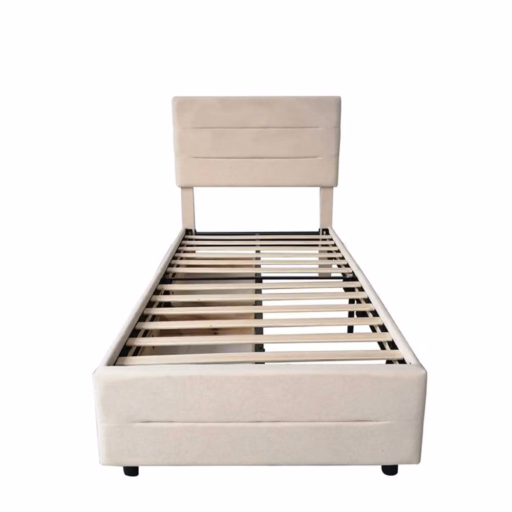Furniture Maxi Cibor Double Bed Frame with 2 Drawers in Beige Solid Wood and Fabric – 2