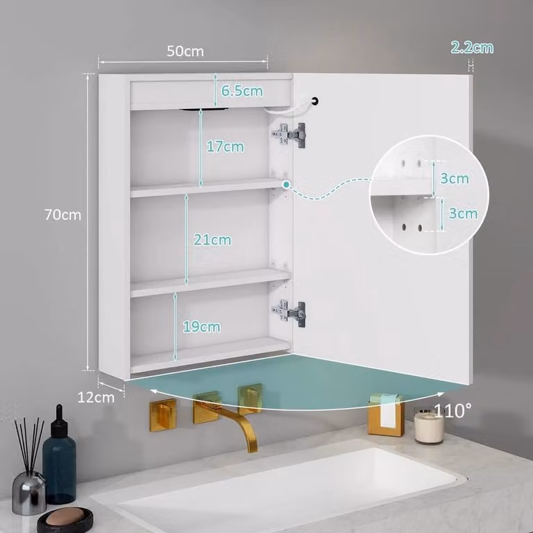 FLAVORA White LED Bathroom Mirror Cabinet with Shaver Socket and Internal Shelves, W/H: 50 x 70 cm
