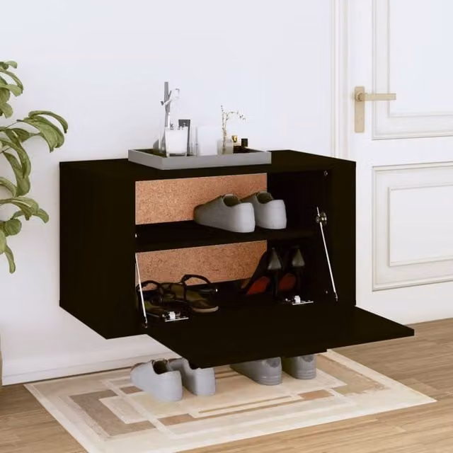 Berkfield Home Wall-mounted Shoe Cabinet in Black, W/D/H: 70 x 35 x 38 cm
