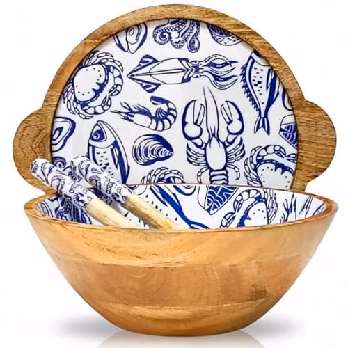 Hartsmede Mango Wood Salad Bowl with Lid and Spoons, Ocean Blue