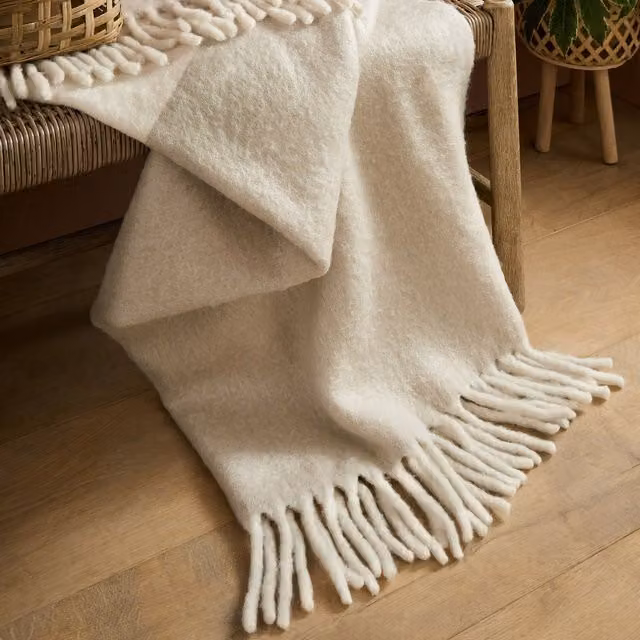 Laura Ashley Bronwen Woven Wool Throw with Fringes, Beige, W: 130 cm, L: 170 cm