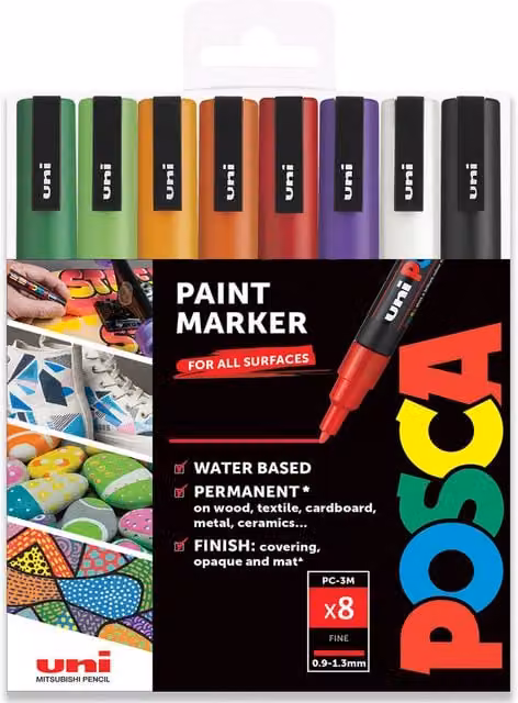 POSCA PC-3M Paint Marker Art Pen Set with Bullet Nib, Multicolour, 8 Pack