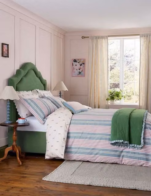 Joules Green Striped Quilted Pure Cotton Come Rain Or Shine Throw