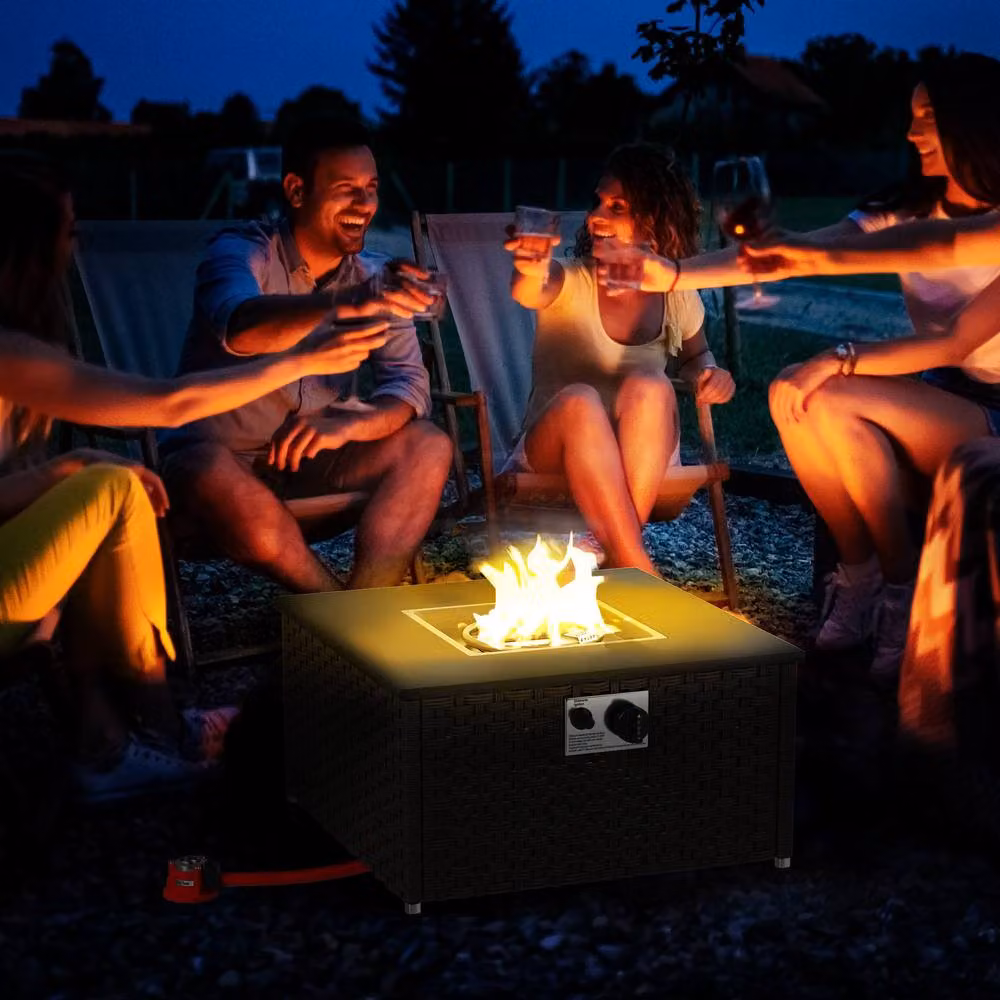 ERGOVEXA Rattan Gas Fire Pit Table, Grey, W/D/H: 58 x 58 x 33 cm – 4