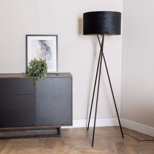 ValueLights Camden Black Tripod Floor Lamp with Gold Cylinder Fabric Shade and Bulb – 1