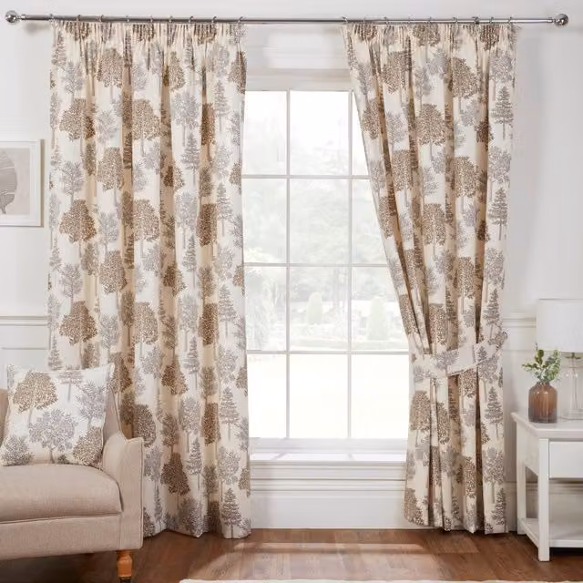 Terrys Floral Cotton Pencil Pleat Curtains in Beige