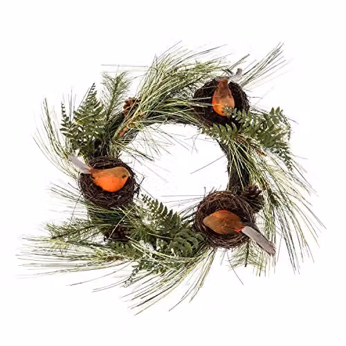 HOMESCAPES Artificial Christmas Wreath with Robins Nests, Green, W/D/H: 43 x 15 x 15 cm – 1