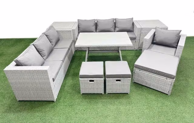 Fimous 10-Seater Patio Set in Light Grey featuring 3-Seater Sofa, Armchair, 2 Side Tables and 3 Stools