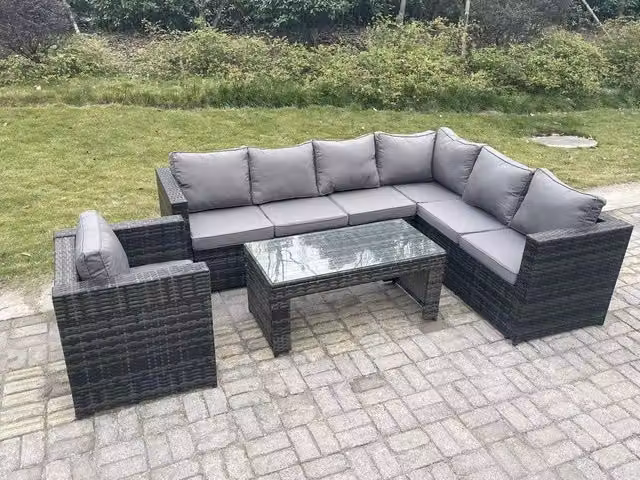 Fimous 7 Seater Rattan Corner Sofa Set with Rectangular Coffee Table and Armchair in Dark Grey