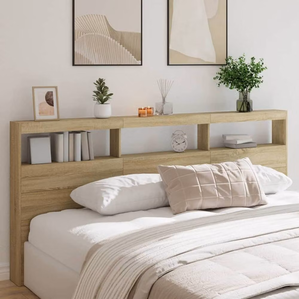 Berkfield Home LED Headboard Cabinet in Sonoma Light Oak, W: 220 cm, D: 17 cm, H: 102 cm – 2