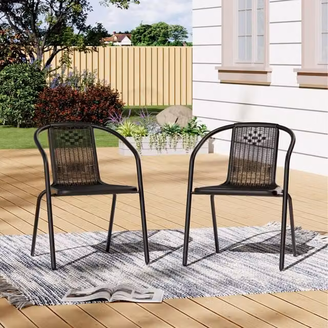 Livingandhome Set of 2 Matt Black Metal and Rattan Rustic Garden Stacking Chairs
