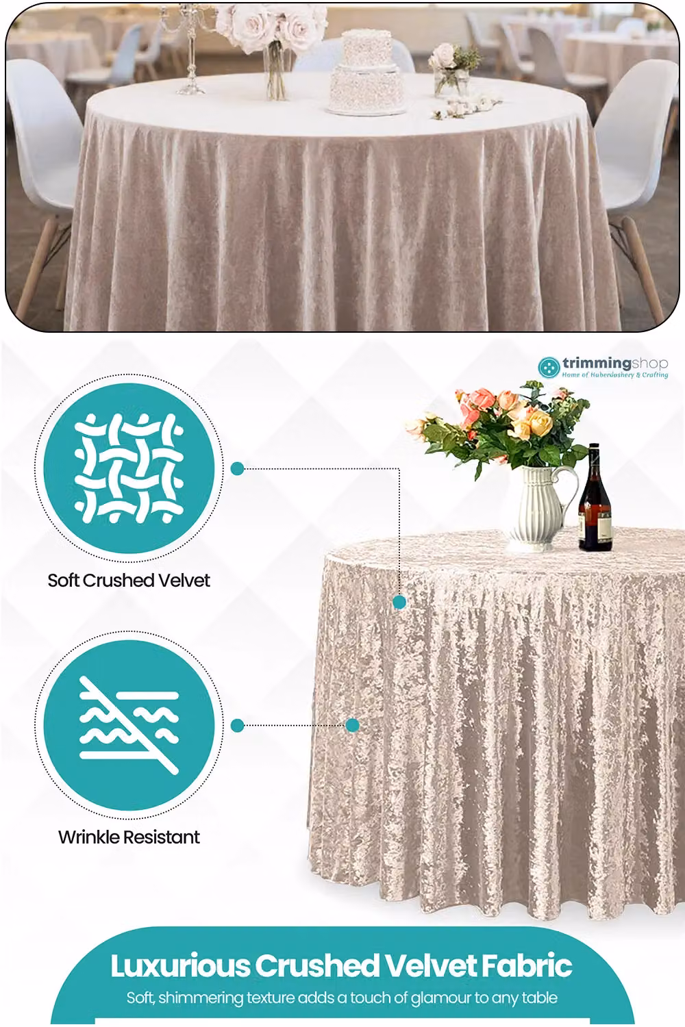 Neel Blue Diamond Velvet Round Tablecloth in Pink, Diameter: 228.6 cm – 2
