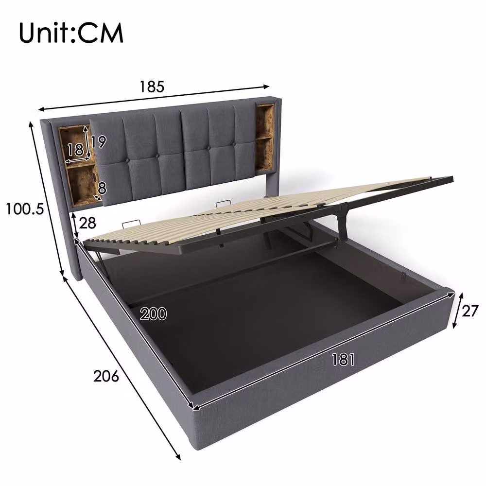 Rolipo Grey Linen Super King Size Bed with Hydraulic Storage and USB Charging Ports W/D/H: 180 x 200 cm – 2