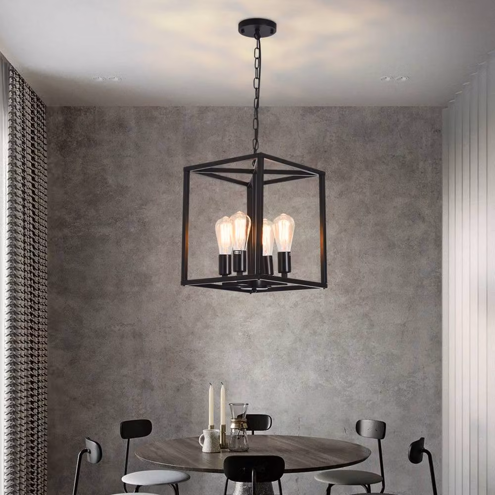 NIVOR 4-Light Industrial Metal Cage Lantern Pendant Light in Black – 3