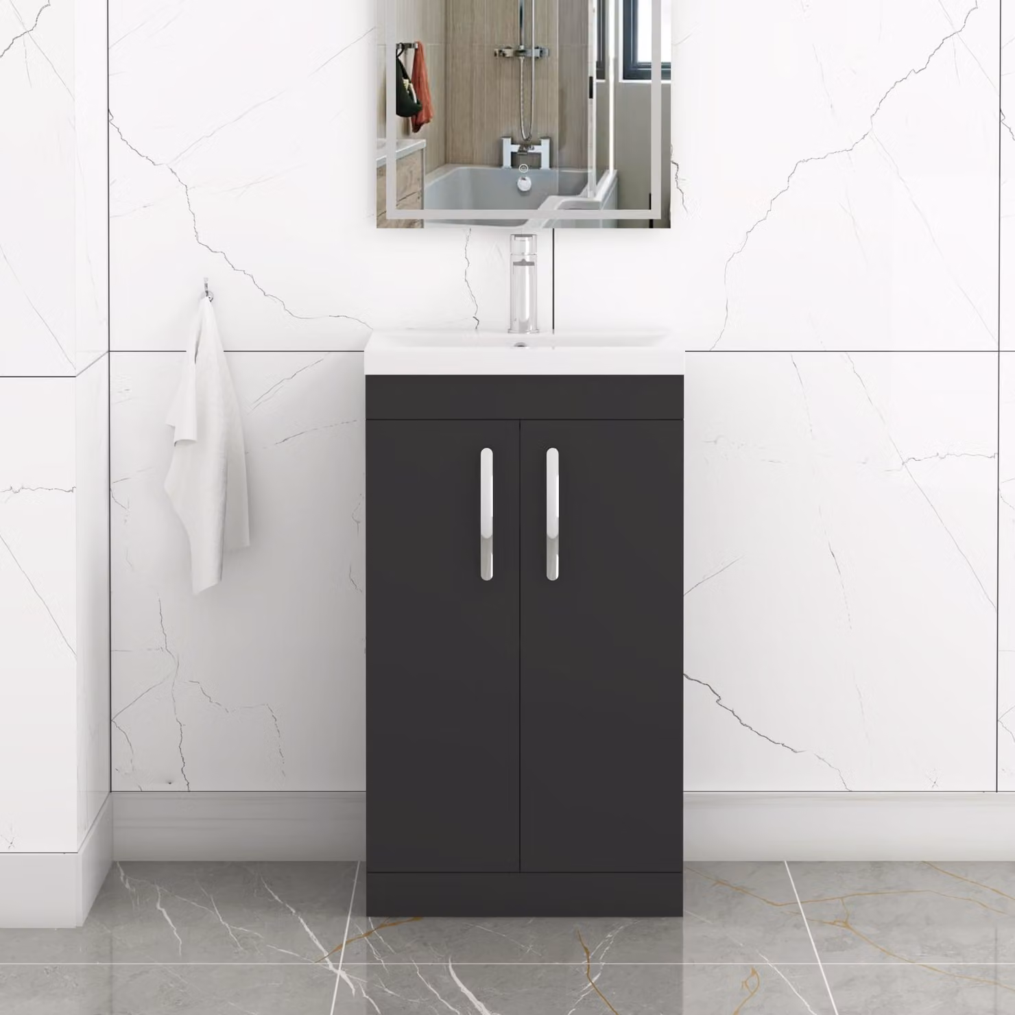 Royal Bathrooms Turin 500mm Matt Black Floor Standing 2 Door Vanity Unit with Mid-Edge Basin