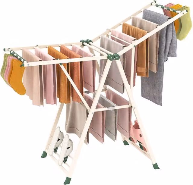 Gymax 2-Tier Folding Metal Laundry Clothes Drying Rack in Beige – 1