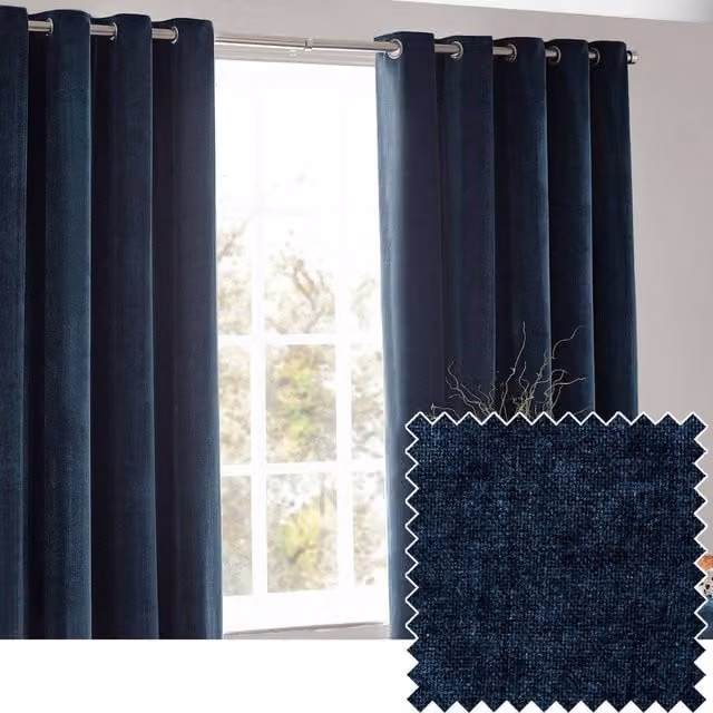 Yard Navy Blue Heavy Chenille Blackout Eyelet Curtain Pair, W: 168 cm, D: 137 cm