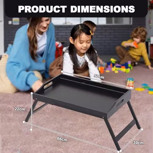 MantraRaj Bamboo Bed Tray Table with Foldable Legs and Carrying Handles, Black, W/D/H: 50.0 x 30.0 x 66.0 cm – 4