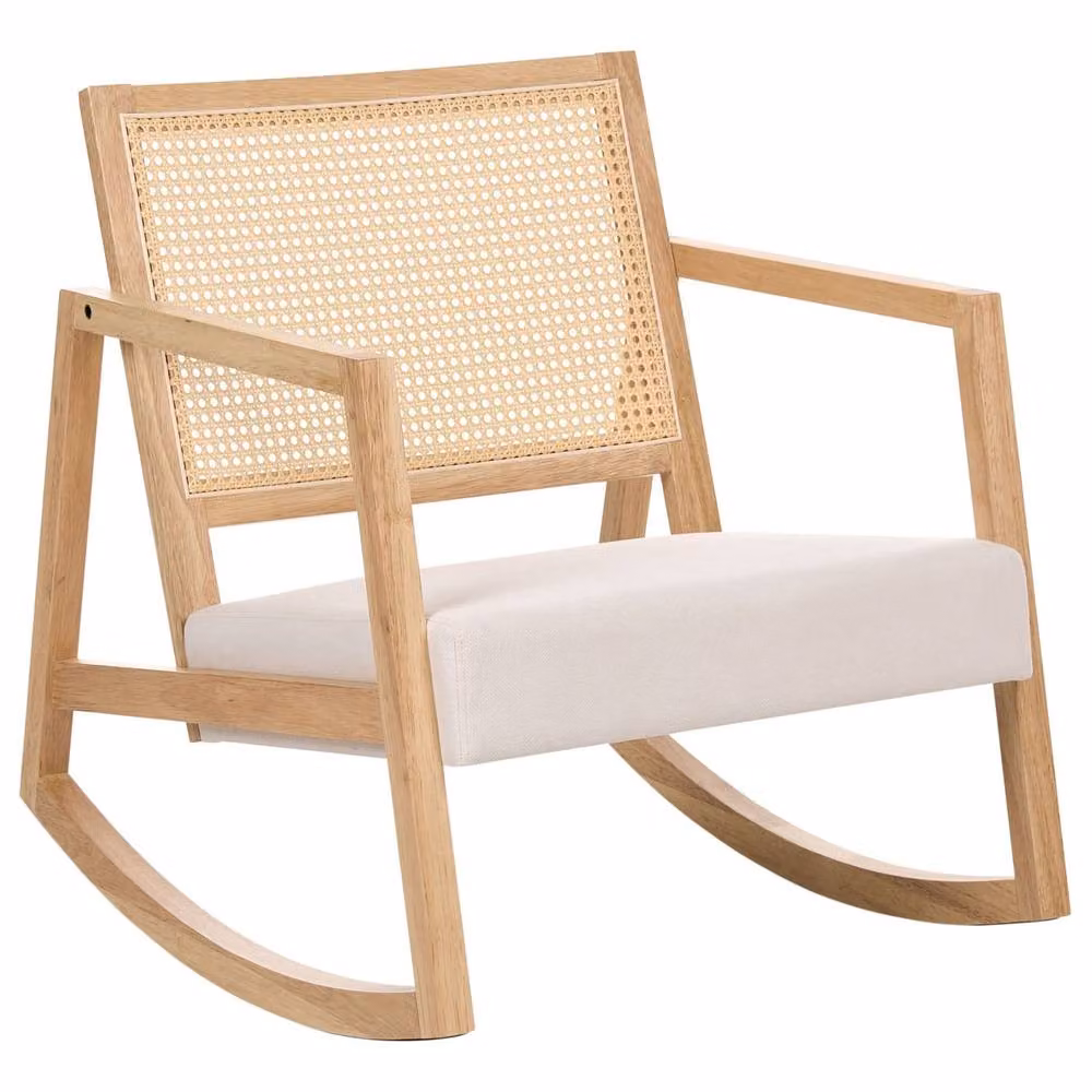 Wyld Haus Rocking Armchair with Braided Backrest in Beige Fabric and Rubberwood Frame – 2