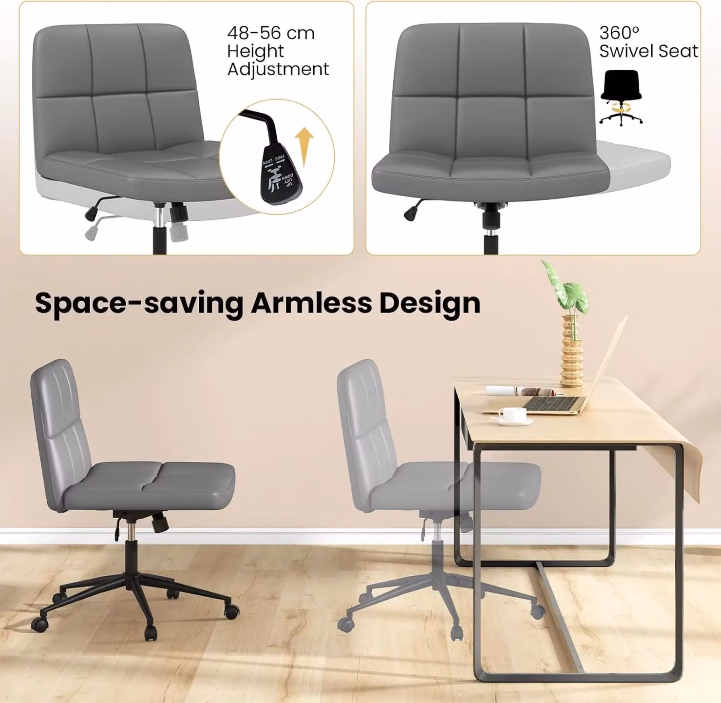 Gymax Grey Upholstered Synthetic Leather Swivel Office Chair with Castors – 4