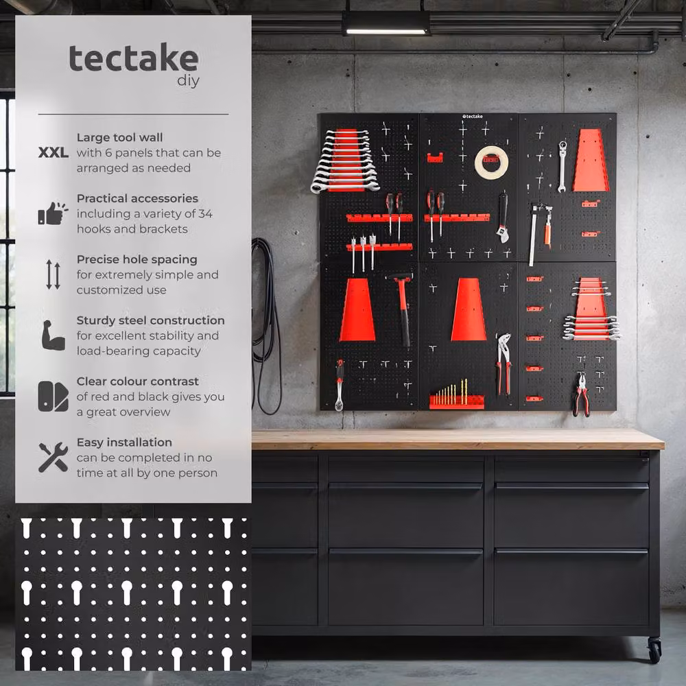 tectake Jonah Steel Tool Pegboard with Hooks and Holders, Multicolour, W/D/H: 120 x 120 x 120 cm – 2