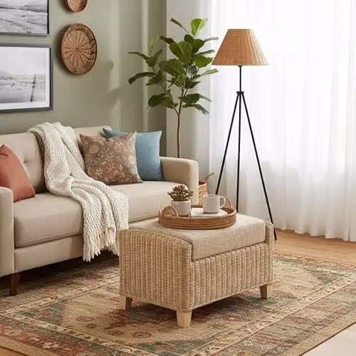 Desser Natural Rattan Dijon Footstool in Beige with Removable Fabric Cushion, W/D/H: 70 x 48 x 46 cm – 2