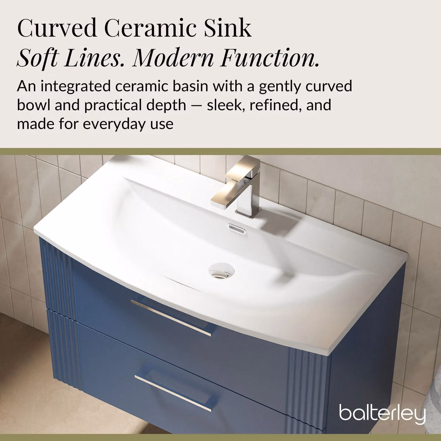 Balterley Wall Hung 2 Drawer Vanity Unit with Curved Basin, Satin Blue, Width: 80 cm – 3