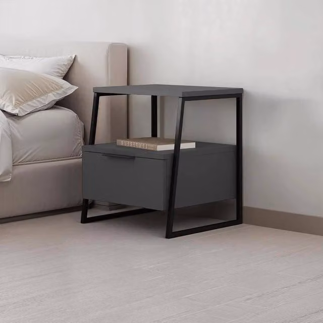 SPETLEK Modern 1 Drawer Bedside Table with Black Frame in Grey