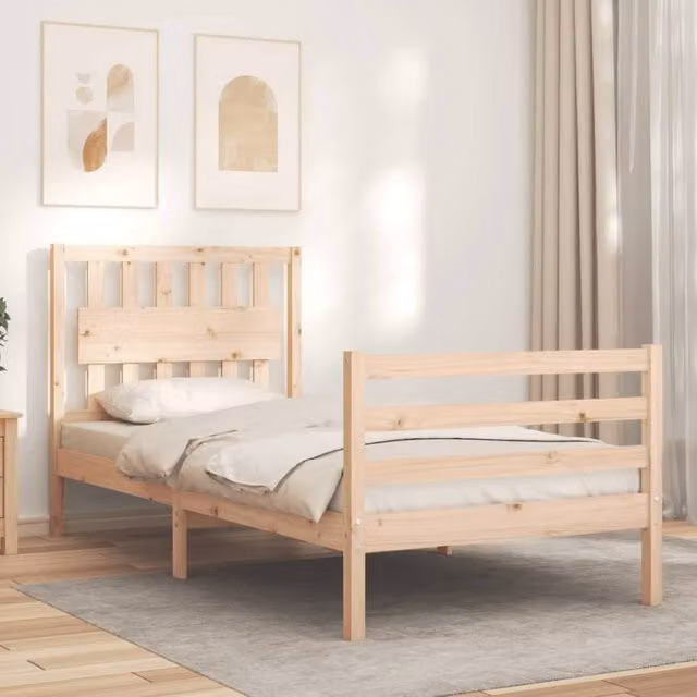 Berkfield Home Beautiful Solid Wood Bed Frame with Headboard in Brown, W/D/H: 90 x 200 cm – 1