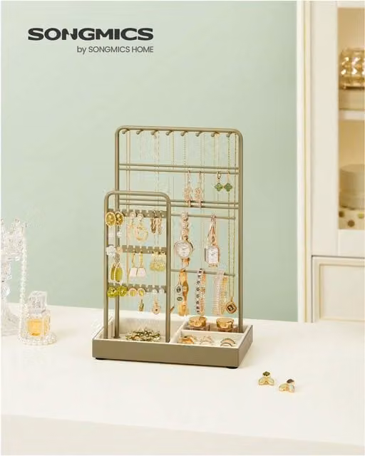 SONGMICS Jewellery Display Stand Organiser with Velvet Tray, Green