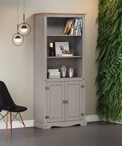Mercers Furniture Corona Grey Wax 2 Door Bookcase and Open Display Cabinet in Solid Pine, H 180 cm x W 82 cm x D 29 cm – 2