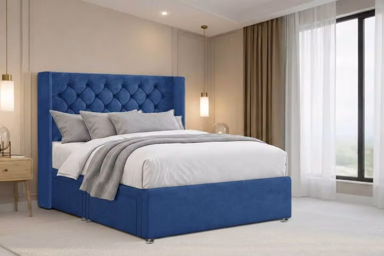 Chester & Oakley Luxora Plush Sprung Divan Set with 54 inch Winged Headboard in Navy Blue, Small Double, W/D/H: 120 x 200 cm