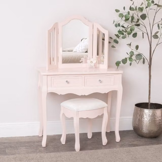 Melody Maison Sophia Pink Dressing Table, Mirror and Stool Set in Pale Pink