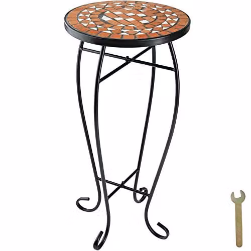 tectake Mosaic Round Side Table in Terracotta with Curved Steel Frame, W/D/H: 30 x 30 x 61.5 cm – 1