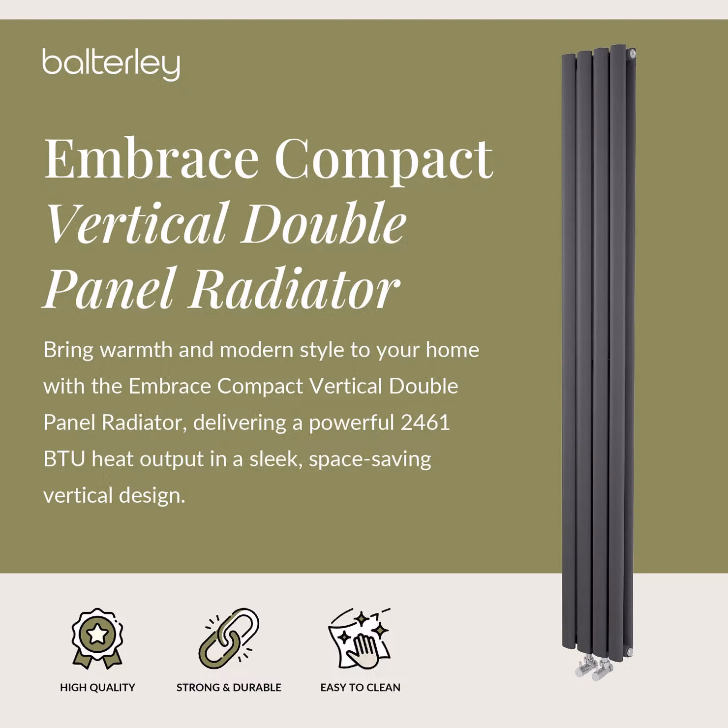 Balterley Embrace Compact Vertical Double Panel Radiator, Anthracite Grey, H: 180 cm x W: 23.6 cm – 2