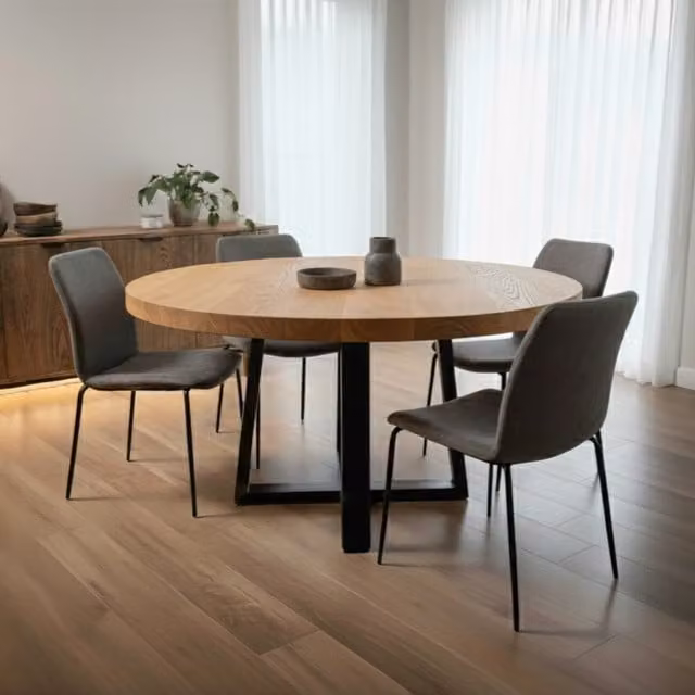 TRL Handmade Furniture Modern Round Oak Dining Table in Brown, H 76 cm, W 76 cm, D 76 cm