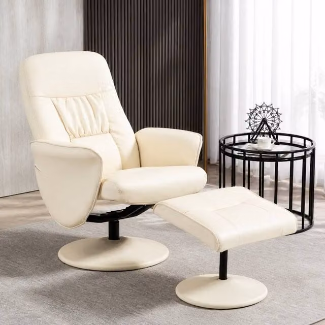 STILVORA Swivel Recliner Chair and Ottoman Set in Cream PU Leather with Metal Frame – 1