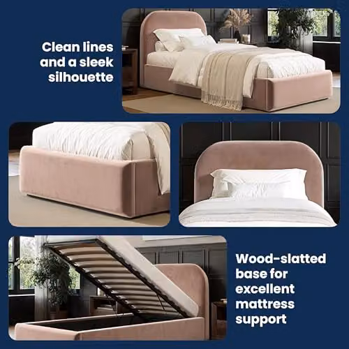 Flair Furnishings Alba Single Ottoman Bed Frame with Storage and Curved Headboard in Pink Velvet, W/D/H: 90 x 190 x 105 cm – 6