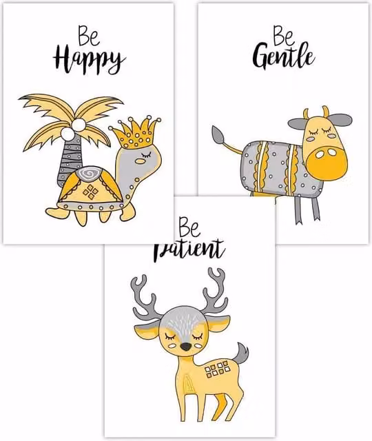 ARTZE Set of 3 Scandi Nursery Deer Animal and Typography Art Posters in Yellow and Grey, W: 50 cm, H: 70 cm