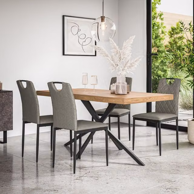 More4Homes Donni Dining Table and Monza Linen Dining Chair Set, Oak Effect Table with Black Legs and 4 Grey Chairs, W/D/H: 160 x 80 x 76 cm