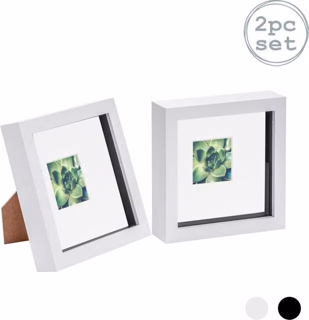 Nicola Spring Pack of 2 White 3D Box Photo Frames, Square Tabletop Design, W/H: 15.24 x 15.24 cm