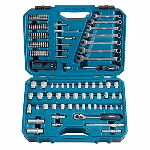 Makita 120 Piece Stainless Steel Maintenance Set with Bits, Wrenches, Sockets, Allen Keys and Screwdrivers in Blue and Black