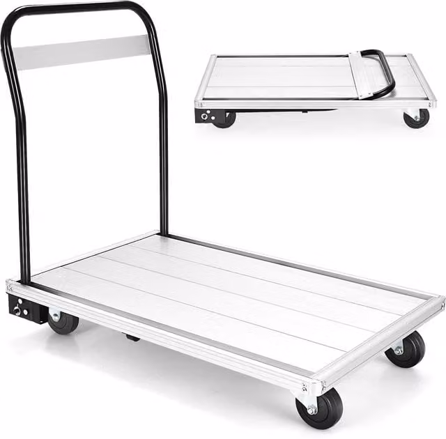 Costway Heavy Duty Folding Aluminum Alloy Platform Push Cart with 4 TPR Wheels in Silver – 1
