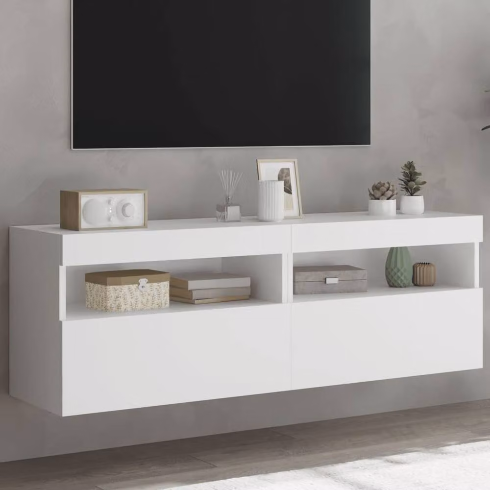 Berkfield Home Set of 2 Modern White Glossy TV Wall Cabinets with LED Lights W/D/H: 60 x 30 x 40 cm – 2